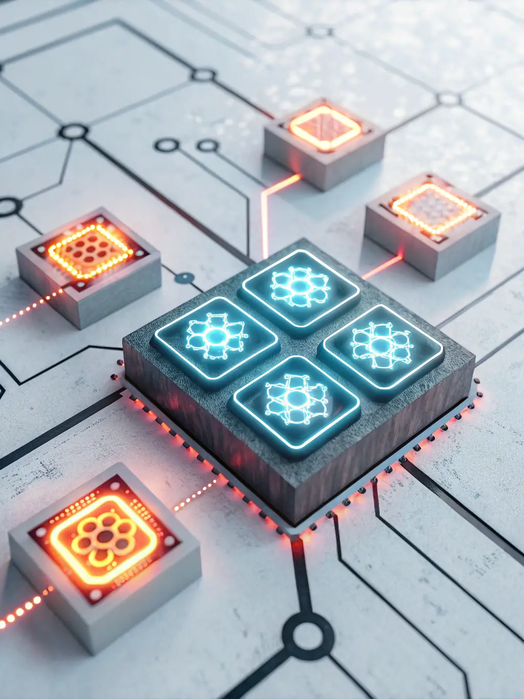 An illustration of interconnected AI modules automating various business tasks on a digital dashboard, representing Fidorai's Tailored AI Workflows.